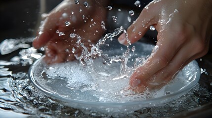 Hands Rinsing Soap from Plate Under Splashing Water