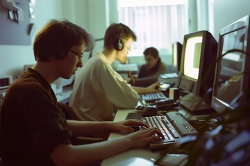 Employees in a softly lit office engaged in various tasks on their computers, evoking a sense of the early digital revolution and teamwork.