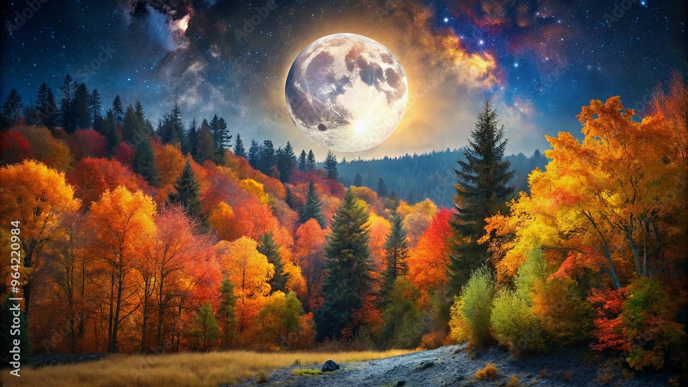 Poster A moonlit forest with autumn colours bathed in the glow of a full moon