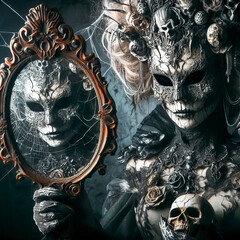 Halloween time Evil masks of monsters and ghostly killers with reflections in old mirrors