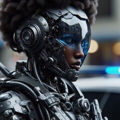 Fototapeta premium Close-up, detailed robotic police officers patrolling the streets, cyber punk style