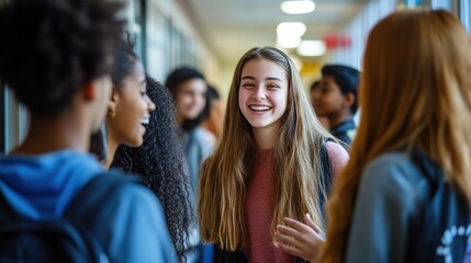 Obraz premium Students chatting and laughing in the school hallway during a break between classes