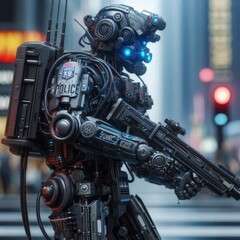 Fototapeta premium Close-up, detailed robotic police officers patrolling the streets, cyber punk style