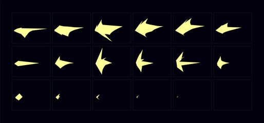 2d animate gun flash FX animation.  Cartoon muzzle flash fire animation sprites sheet frame.