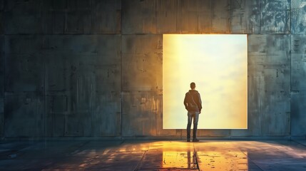 Contemplative Person Standing by an Illuminated Doorway in a Dim Room - A Deep Reflection Scene