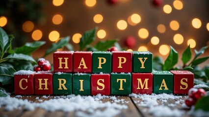 "Happy Christmas" spelled with red and green blocks, surrounded by snow and holly