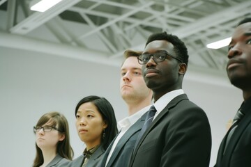 Obraz premium A diverse team of professionals in formal attire stands together in a bright room, exuding confidence and readiness.