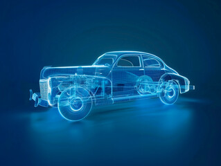 Car visualization with augmented reality Transparent car in studio drawing in blue colors, blueprint glowing neon hologram futuristic show technology security for premium product business financ