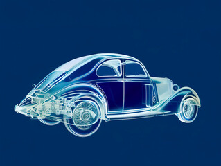 Fototapeta premium Car visualization with augmented reality Transparent car in studio drawing in blue colors, blueprint glowing neon hologram futuristic show technology security for premium product business financ