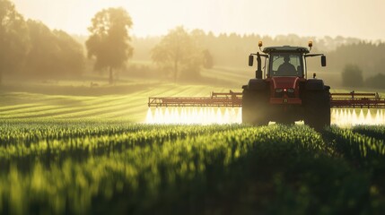 Fototapeta premium A modern tractor spraying chemicals on a lush green field.