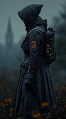Fototapeta premium Futuristic Woman in Black Cloak with glowing lights standing in autumnal field