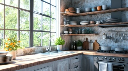 Stylish interior kitchen counter with sink  stove and oven. 