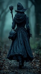 Mysterious Witch Walking Through Dark Forest