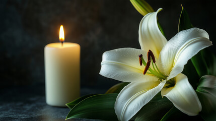 Delikatna lilia i płonąca świeca tworzą spokojną kompozycję na ciemnym tle. Obraz oddaje hołd zmarłym, symbolizując pamięć, duchowość i smutek.