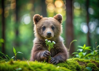 Fototapeta premium Adorable brown bear cub sits amidst lush green forest, holding a tiny flower in its paw, looking innocent and playful with big round eyes.