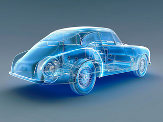 Car visualization with augmented reality Transparent car in studio drawing in blue colors, blueprint glowing neon hologram futuristic show technology security for premium product business financ
