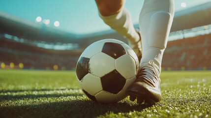 Fototapeta na wymiar Stopa piłkarza w dynamicznej pozycji, tuż przy piłce, gotowa do wykonania kolejnego zagrania. Zbliżenie na murawę stadionu i piłkę podkreśla technikę gry.