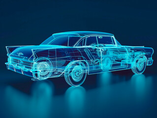 Car visualization with augmented reality Transparent car in studio drawing in blue colors, blueprint glowing neon hologram futuristic show technology security for premium product business financ