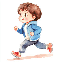 cute kid playing Jogging watercolor clipart