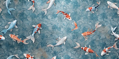 Abstract blue and gray wallpaper with intricate koi fish patterns