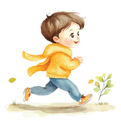 cute kid playing Jogging watercolor clipart