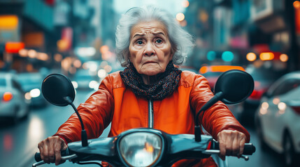 Starsza kobieta z lękiem w oczach, walczącą z intensywnym ruchem miejskim na motorze.