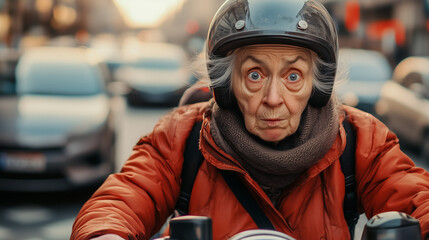 Starsza kobieta z lękiem w oczach, walczącą z intensywnym ruchem miejskim na motorze.