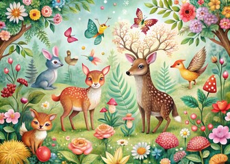 Adorable Forest Creatures, Vibrant Blooms, And Shimmering Sunbeams Create A Captivating Natural Wonderland In This Charming Wallpaper.