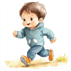 cute kid playing Jogging watercolor clipart