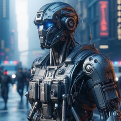 Close-up, detailed robotic police officers patrolling the streets, cyber punk style