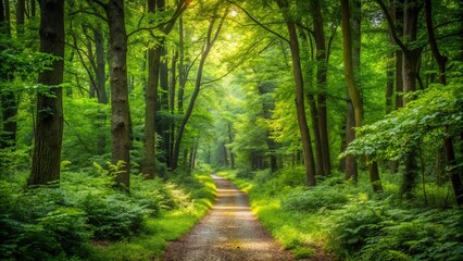 Tranquil forest path surrounded by dense green foliage in daylight