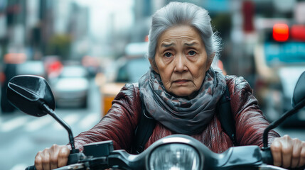 Starsza kobieta z lękiem w oczach, walczącą z intensywnym ruchem miejskim na motorze.