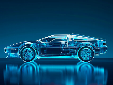 Car visualization with augmented reality Transparent car in studio drawing in blue colors, blueprint glowing neon hologram futuristic show technology security for premium product business financ