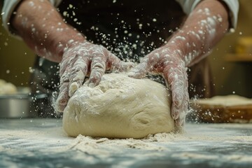 Fototapeta premium Baker kneading dough with flour dusting in a kitchen