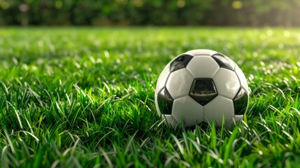 Fototapeta premium Classic soccer ball on a bright green lawn, symbolizing sport and play