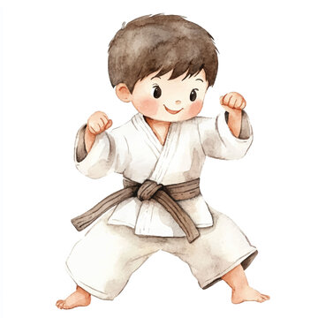 cute kid playing judo watercolor clipart