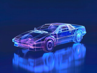 Car visualization with augmented reality Transparent car in studio drawing in blue colors, blueprint glowing neon hologram futuristic show technology security for premium product business financ