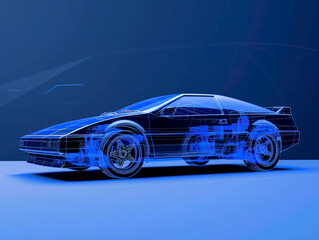 Naklejka premium Car visualization with augmented reality Transparent car in studio drawing in blue colors, blueprint glowing neon hologram futuristic show technology security for premium product business financ
