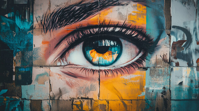 Widok na ścianę ozdobioną graffiti, gdzie różnorodne kolory i wzory tworzą unikalny obraz artystyczny. 