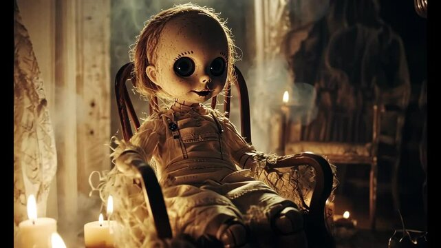 A cursed doll in a worn-out rocking chair, staring menacingly with a cracked smile in a haunted house.