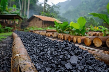 Pile of charcoal drying in the sun in a rainforest village