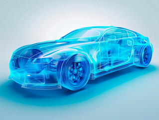 Car visualization with augmented reality Transparent car in studio drawing in blue colors, blueprint glowing neon hologram futuristic show technology security for premium product business finance