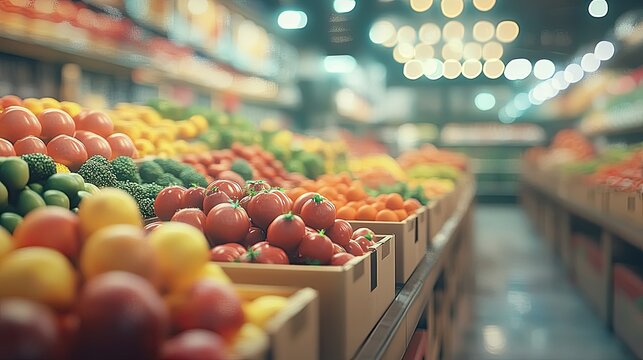 The image shows a grocery store filled with a variety of fruits and vegetables in cardboard boxes, with a blurred background and lights at the top