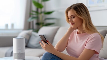 Fototapeta na wymiar Smart Air Purifier: Improves air quality and offers app management. Includes real-time updates and filter replacement alerts for a healthier home. 