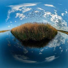 Spherical Panorama: Marshland Majesty with Birds in Flight