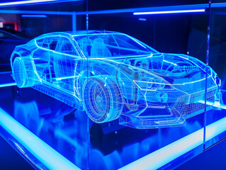 Fototapeta premium Car visualization with augmented reality Transparent car in studio drawing in blue colors, blueprint glowing neon hologram futuristic show technology security for premium product business finance