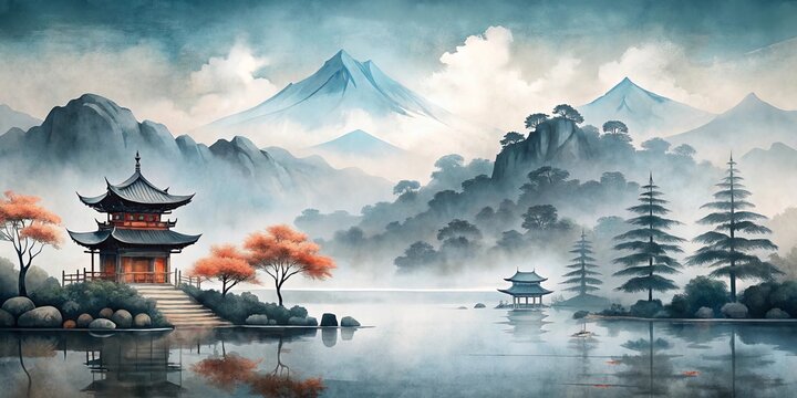 Japanese landscape featuring traditional watercolor painting in black, terracotta, and gray-blue hues
