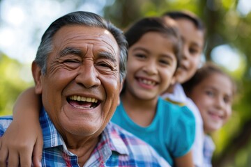 Grandfather and grandchildren laughing together outdoors