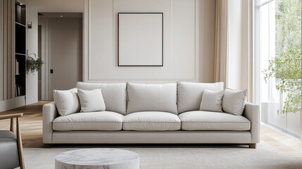 living room, a bright living room with a light gray sofa in the middle and a stylish little marble end table.