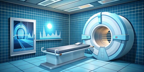 Obraz premium Detailed vector graphic of a hospital corridor with a CT scanner in the center, surrounded by graphs and charts showing decreasing costs and increasing efficiency, set against a subtle grid pattern.